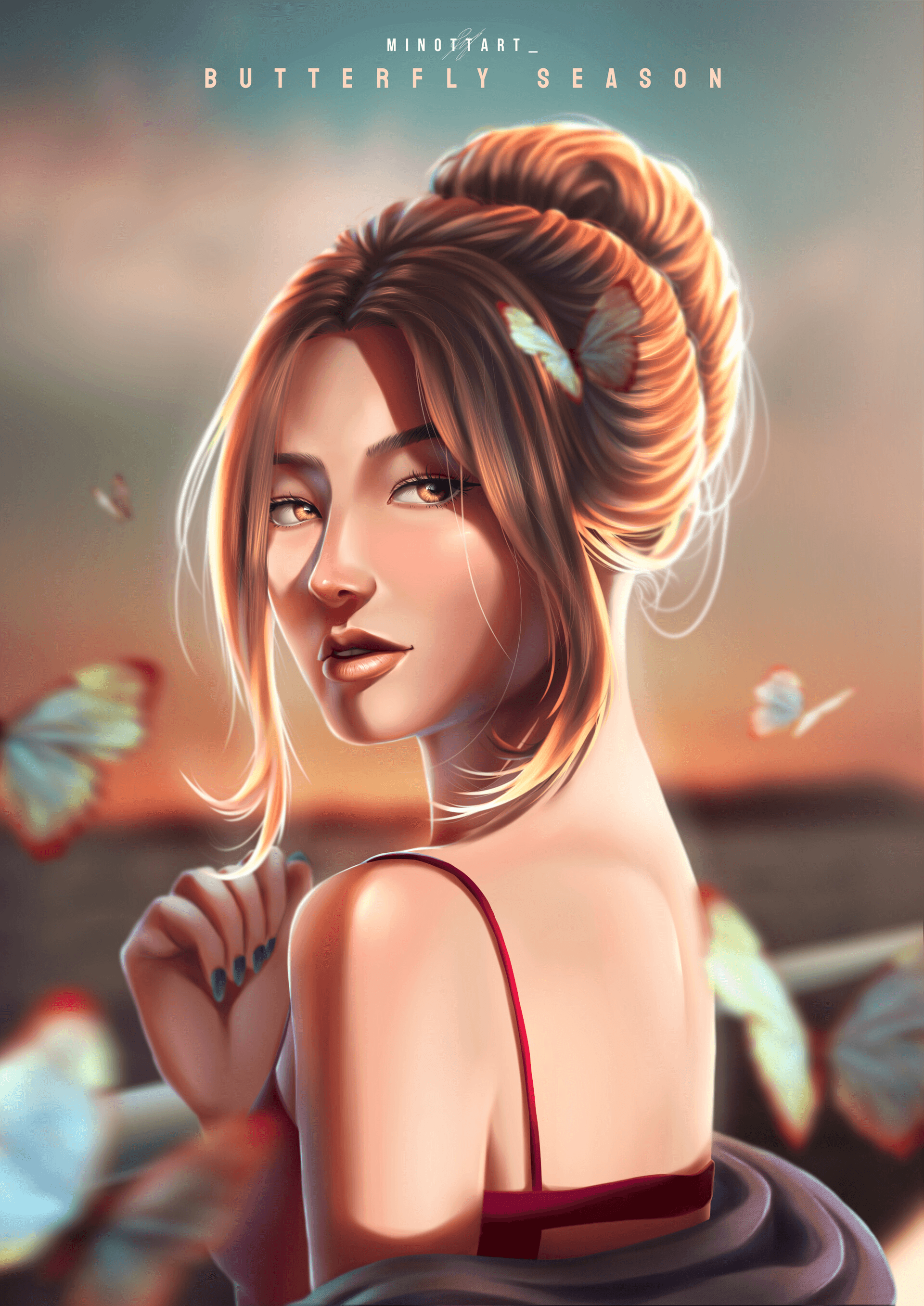 Painted portrait of a woman with her hair tied up and butterflies, lit by warm orange backlighting.
