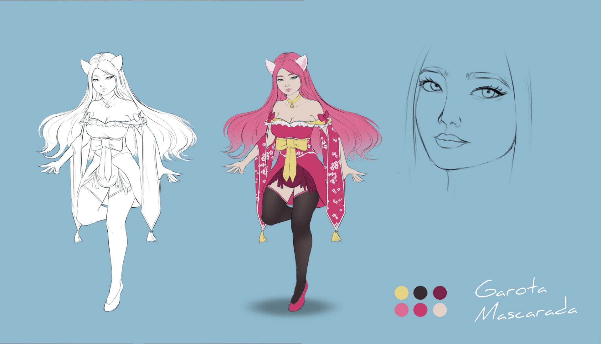 Character sheet with a drawing, colored version, face study and palette.