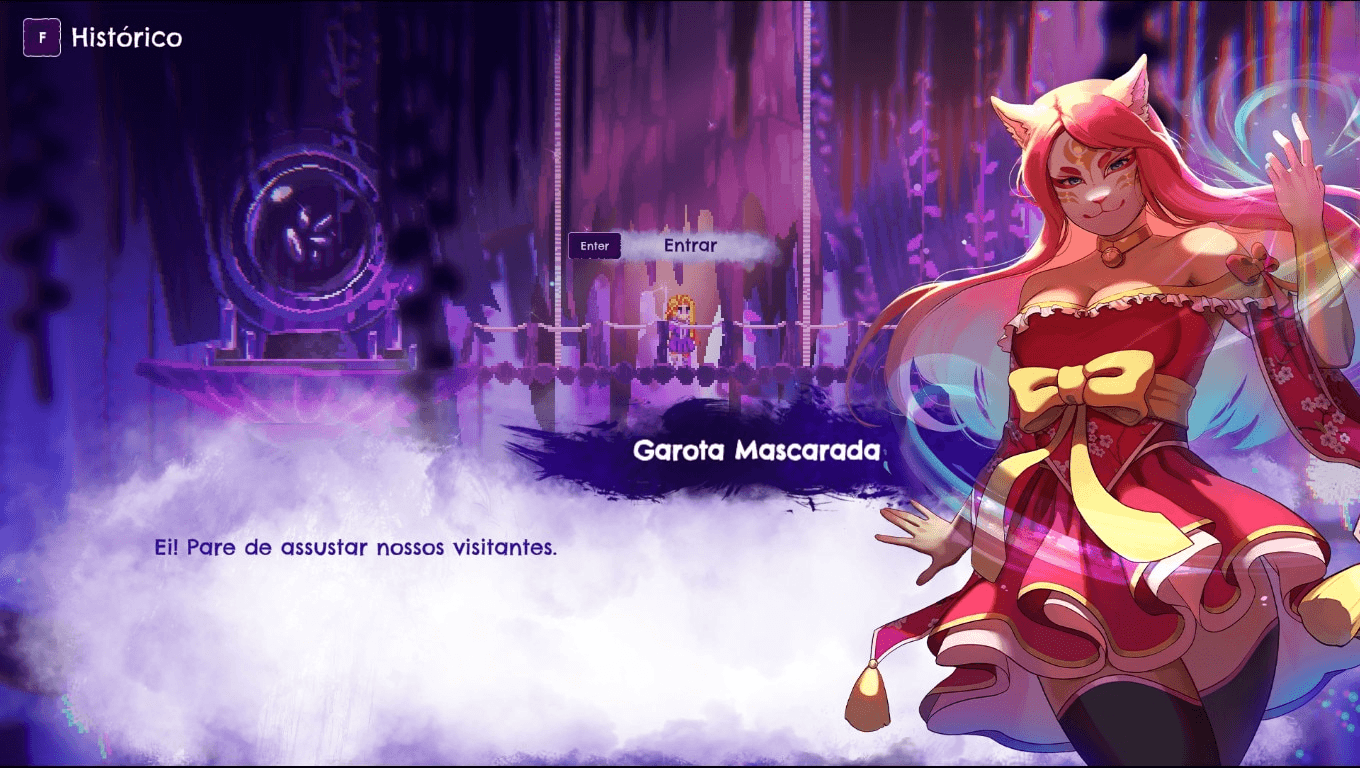 Garota Mascarada illustrated on the right during a dialogue, with pink hair, animal ears, a red dress and a yellow bow.