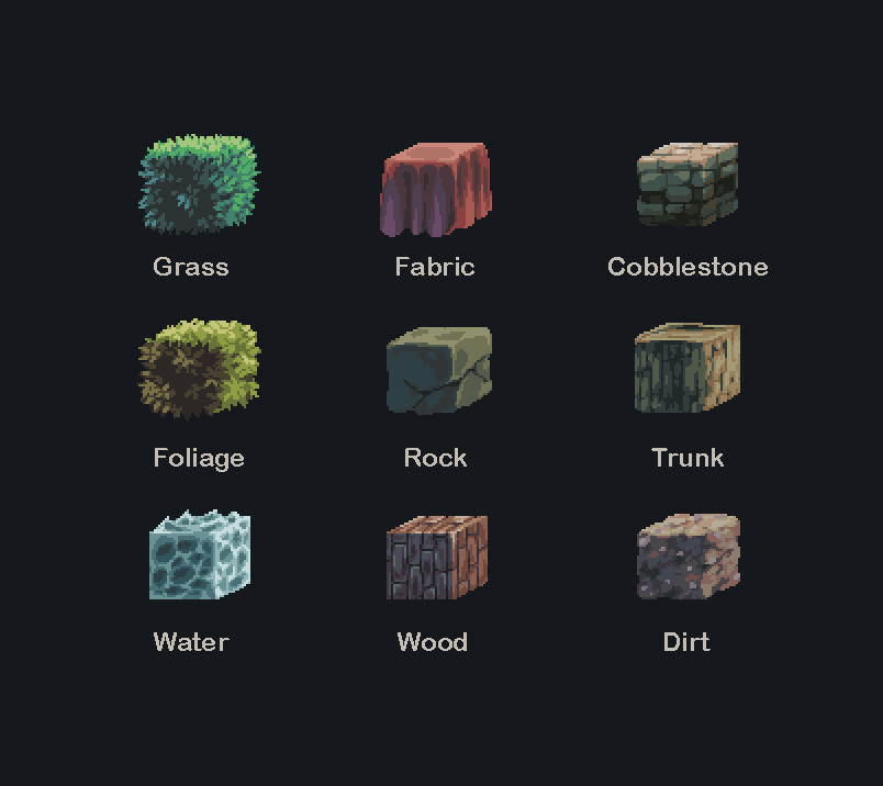 Grid of nine pixel art blocks: grass, fabric, cobblestone, foliage, rock, trunk, water, wood and dirt.
