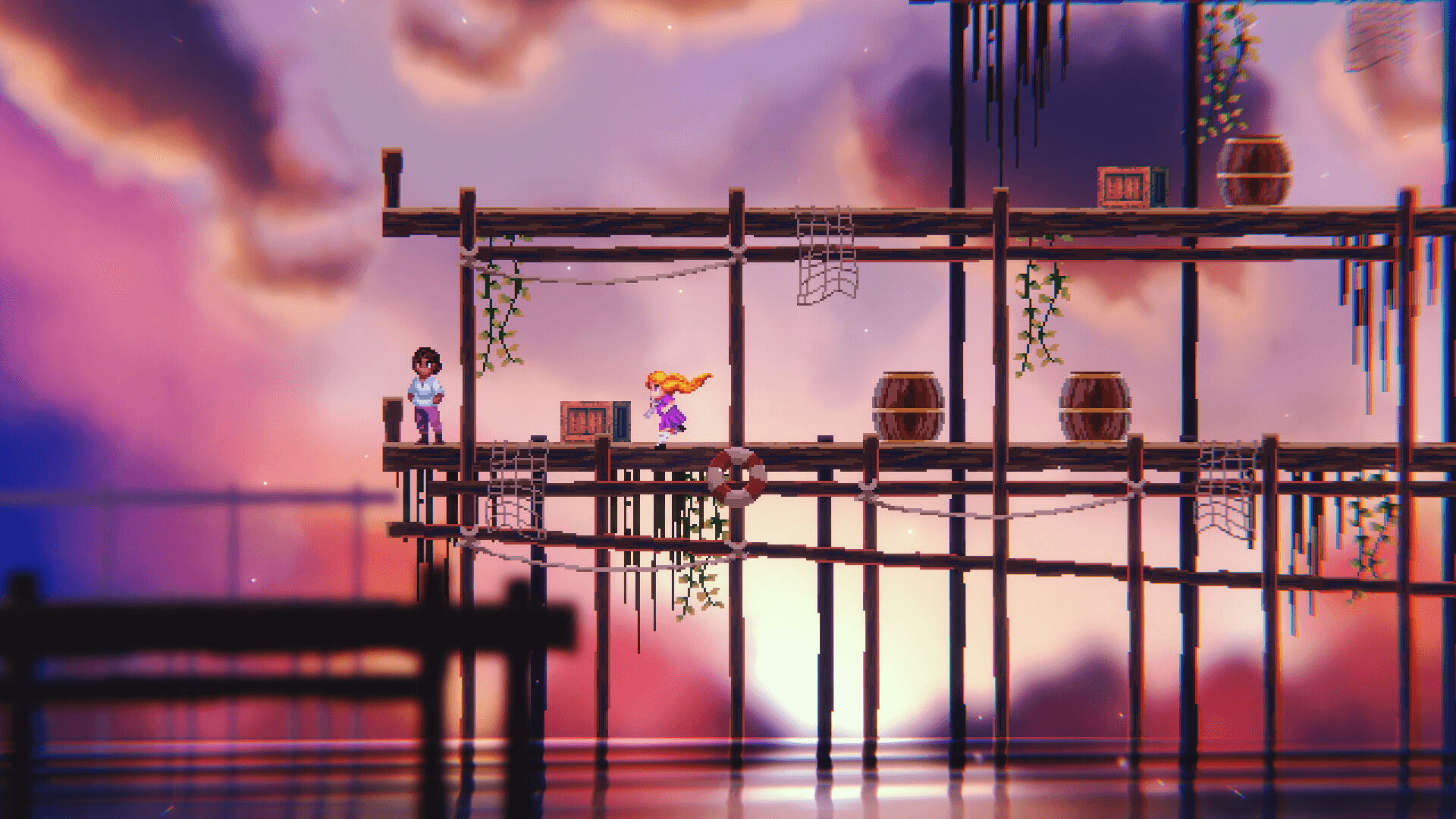 Two characters on wooden platforms above water, with backlighting, reflections and blurred foreground elements.