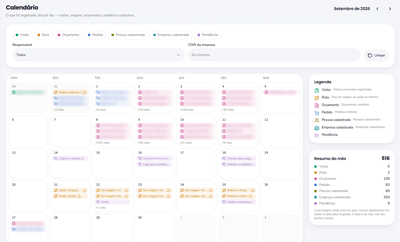 Screenshot of the CRM calendar in staging, with events colored by type on each day of the month.