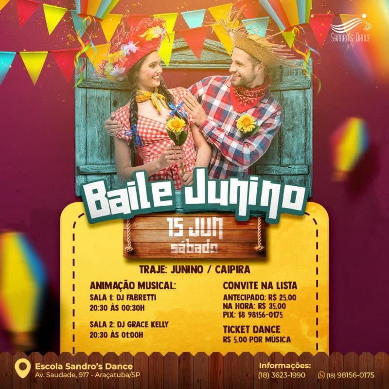 Poster for Sandro's Dance's June festival dance: a couple in country costumes at a wooden window, bunting flags and a large title over burgundy and yellow.