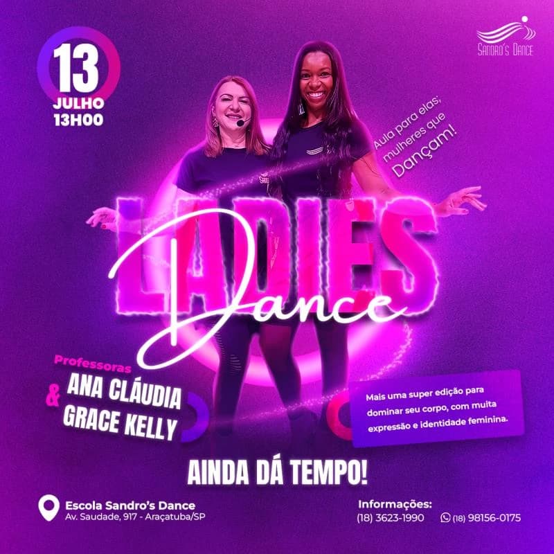 Poster for the Ladies Dance class: two instructors on a purple background, with the title in pink and white neon.