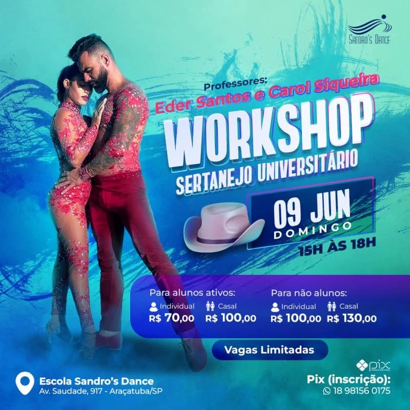 Poster for a sertanejo universitário dance workshop: a dancing couple over a blue brushstroke background, a cowboy hat and the price table.