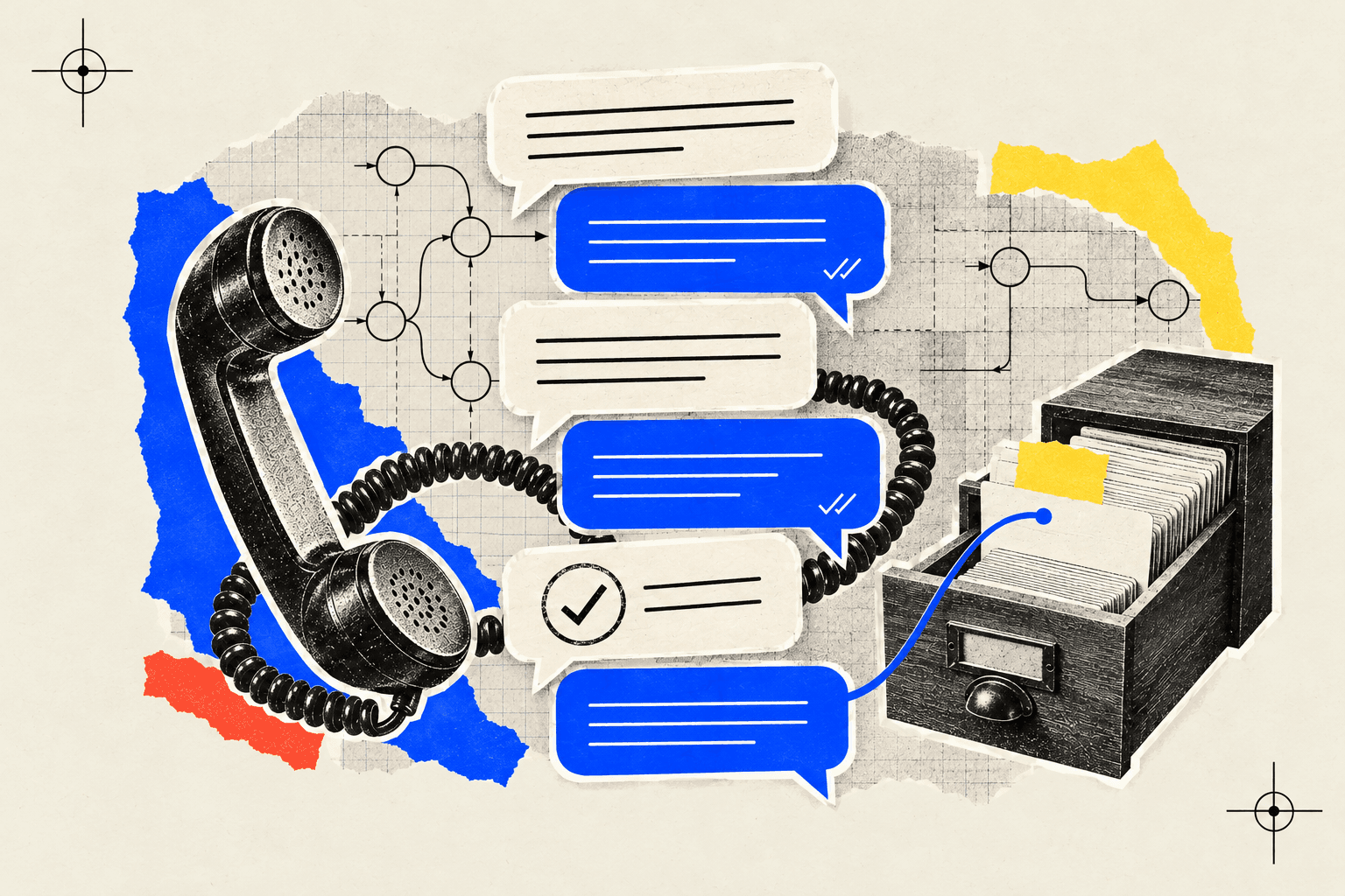 Collage of paper chat bubbles alternating blue and ivory, a vintage telephone handset and a card-index drawer with one card marked in yellow.